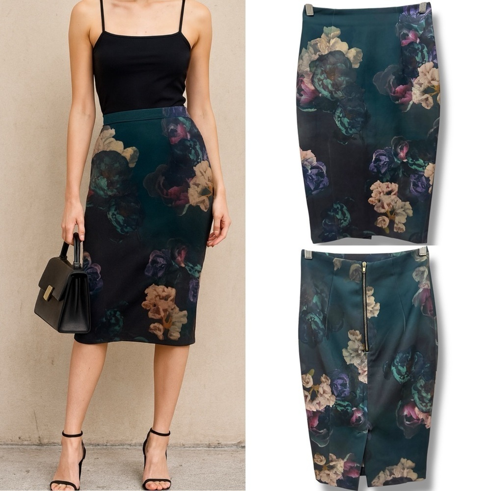 300 H&M | EUC Women’s Teal Black Floral High-Waist Midi Pencil Skirt (Size 2)